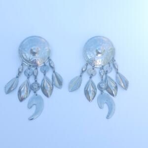 Silver Tone Boho Statement Chandelier Earrings Dangle Round Disc Leaf Festival
